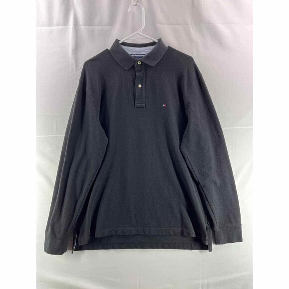 Tommy Hilfiger Mens Polo Shirt L Black Long Sleeve Collared Button Logo Casual - Picture 1 of 8